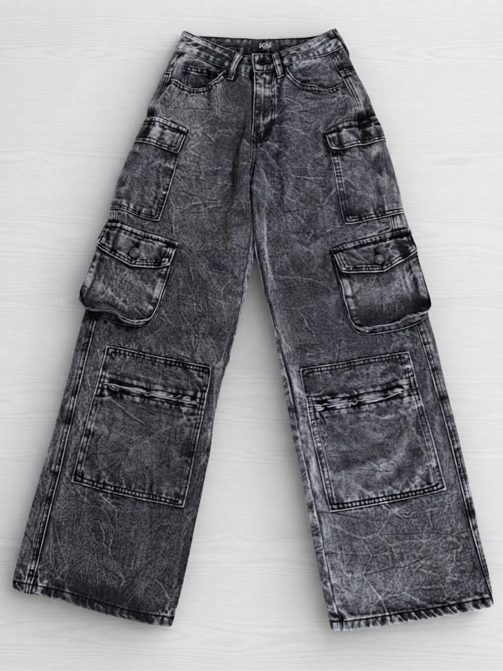 Rise Supply Co Black Acid Wash Multi Pocket Cargo Jeans Size 1 Wide Leg EUC